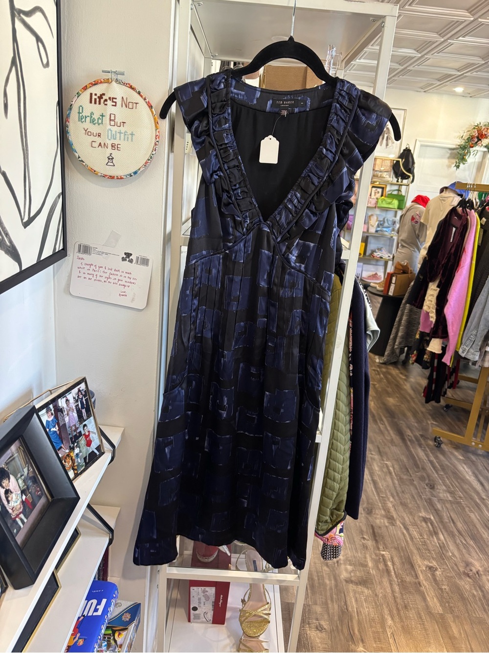 Ted Baker Navy Black Ruffle V-Neck Dress